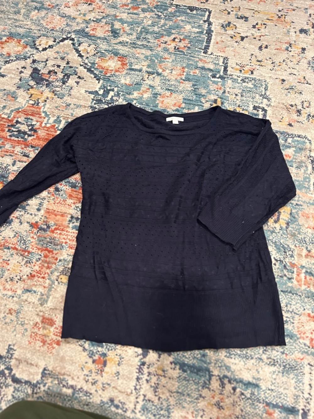 New York & Company Navy Eyelet Knit Long Sleeve Top